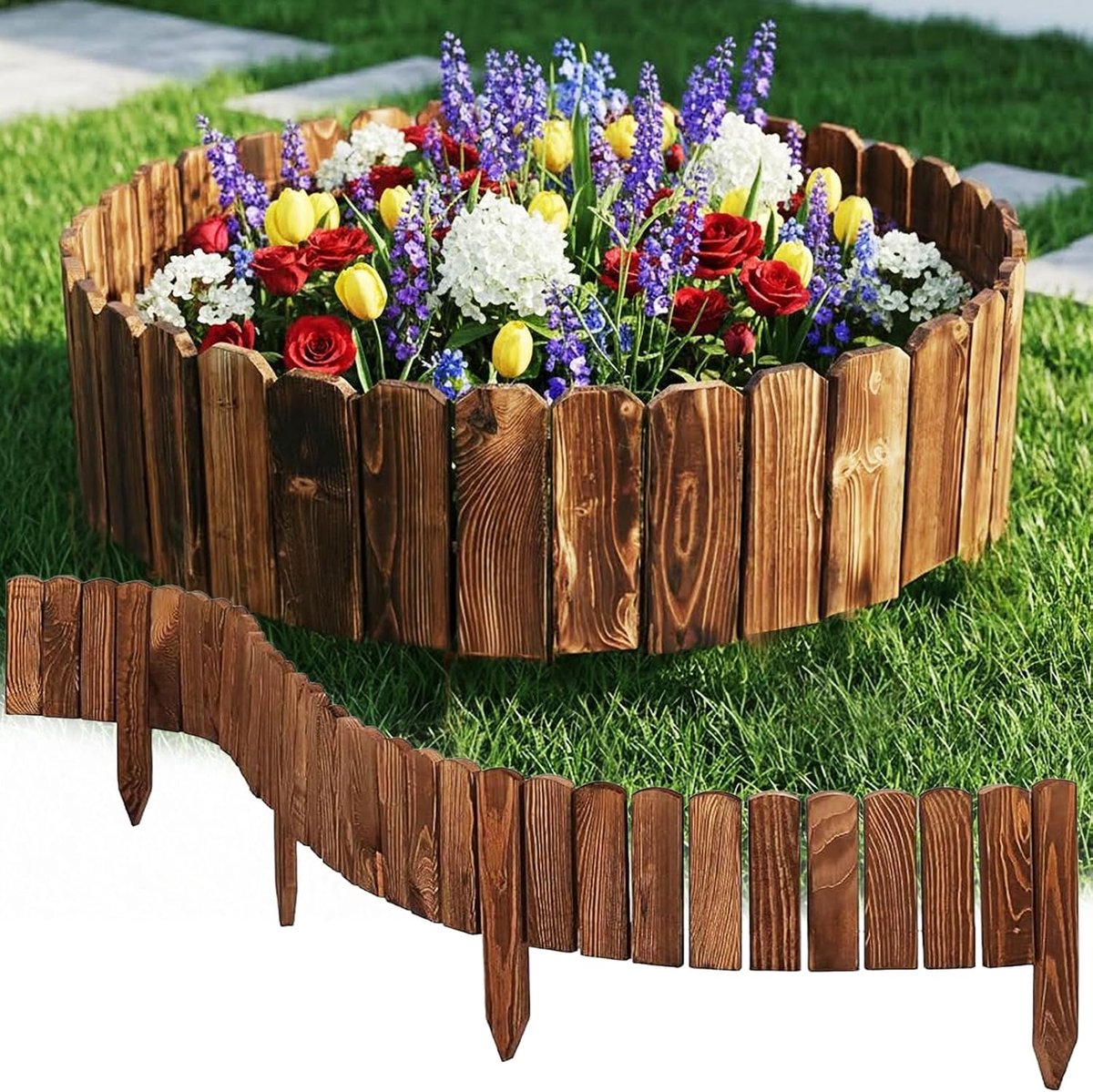 gazonhek van hout, tuinrand voor buiten, 120 cm, van behandeld hout, flexibele tuinomheining voor massief, moestuin, oprit, gazon, zachte palissade met haringen