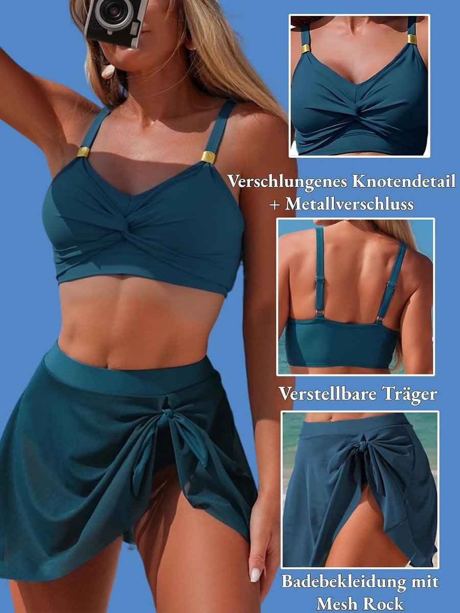 dames set met mesh rok V-hals tweedelig badpak hoge taille buikweg bikini badmode
