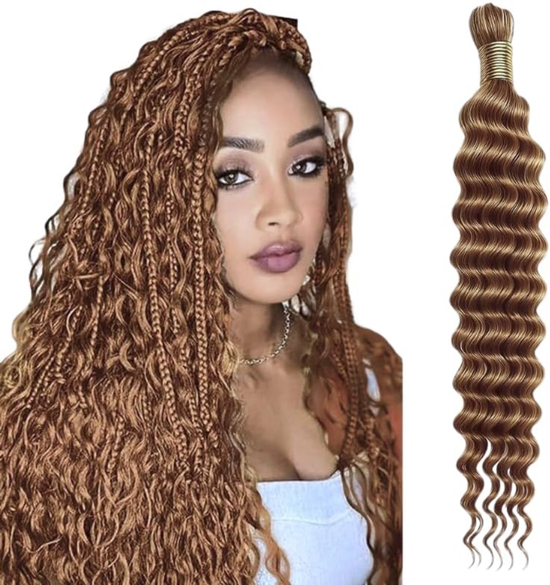 Braiding Hair for Boho Braids Hair 50g/1 Bundle Deep Wave Bulk for Braiding No Weft 100% Unprocessed Brazilian Virgin Human Hair Extensions Bohemian Knotless Braids #27 Color (22 inch/50g)