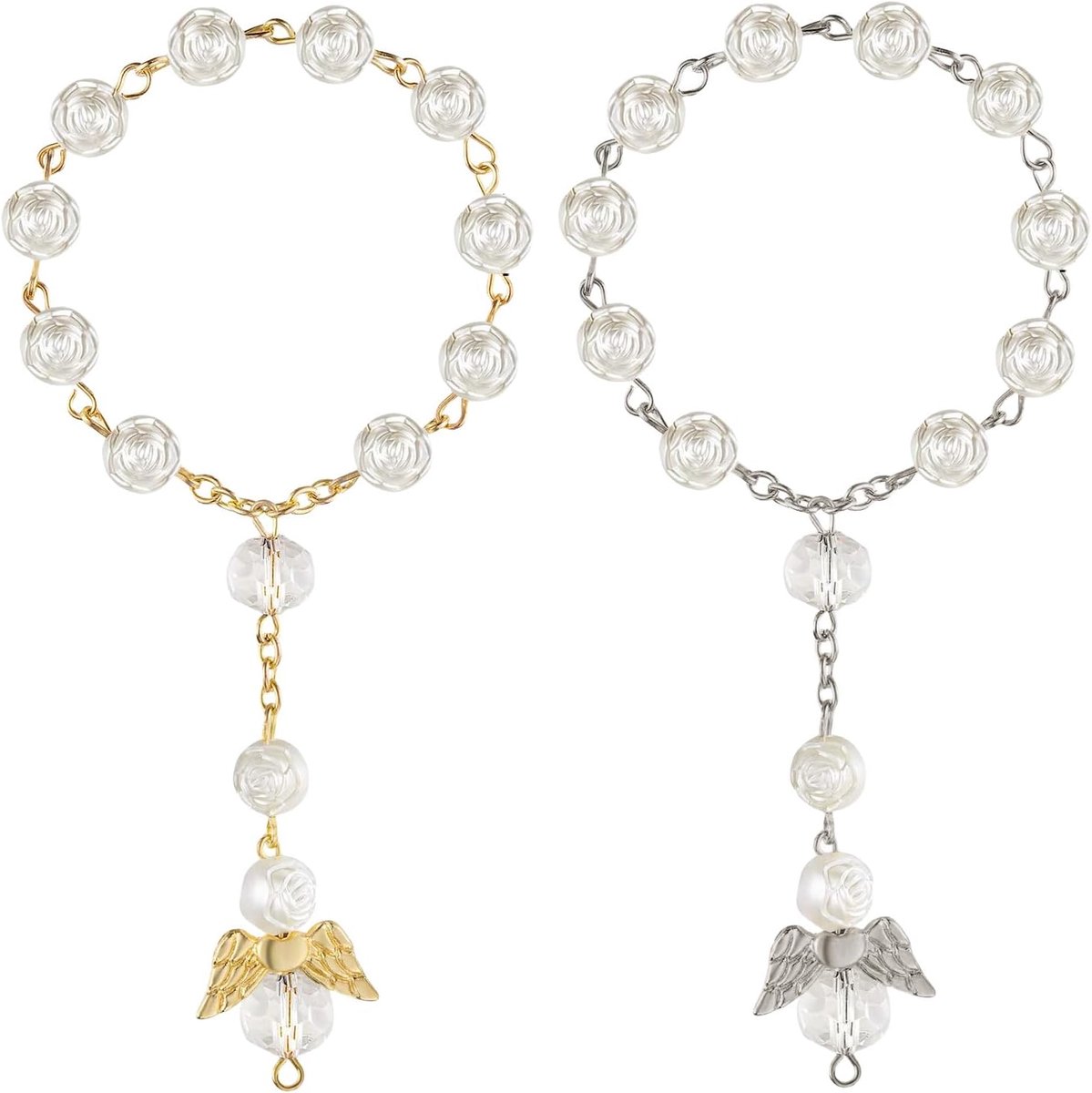 2 stuks Guardian Angel Auto Spiegel Haak, Guardian Angel Auto Accessoires, Rozenkralen in Zilvergoud, Auto Hanger Decoratie