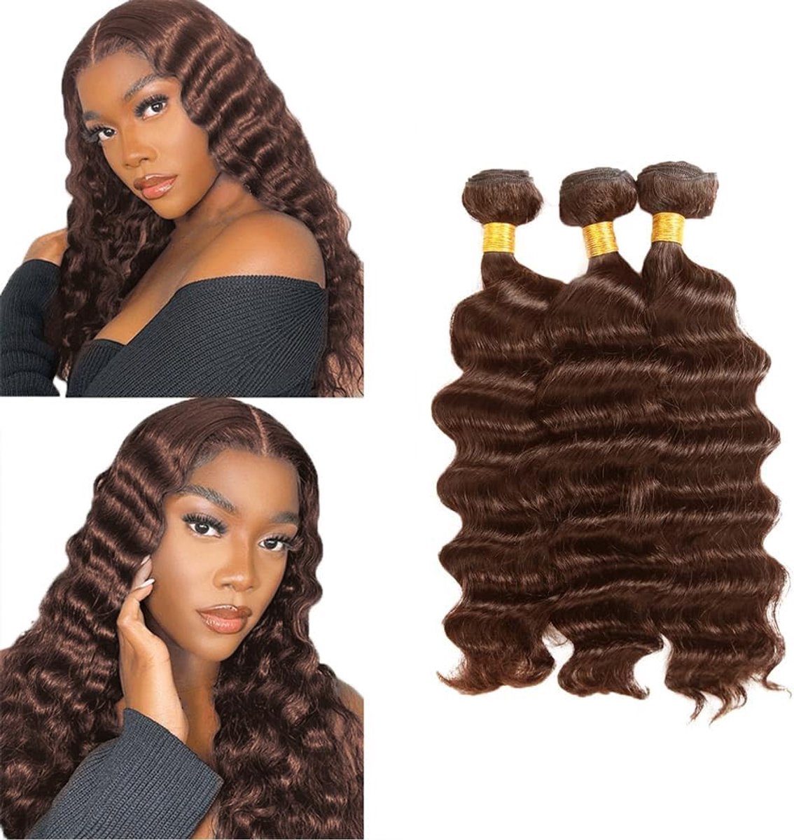 26 28 30 Inch Human Hair Bundles Deep Wave Hair #4 Chocolate Brown Bundles Human Hair Extensions Double Weft for Women Minimal Smell for Women 3 Bundles