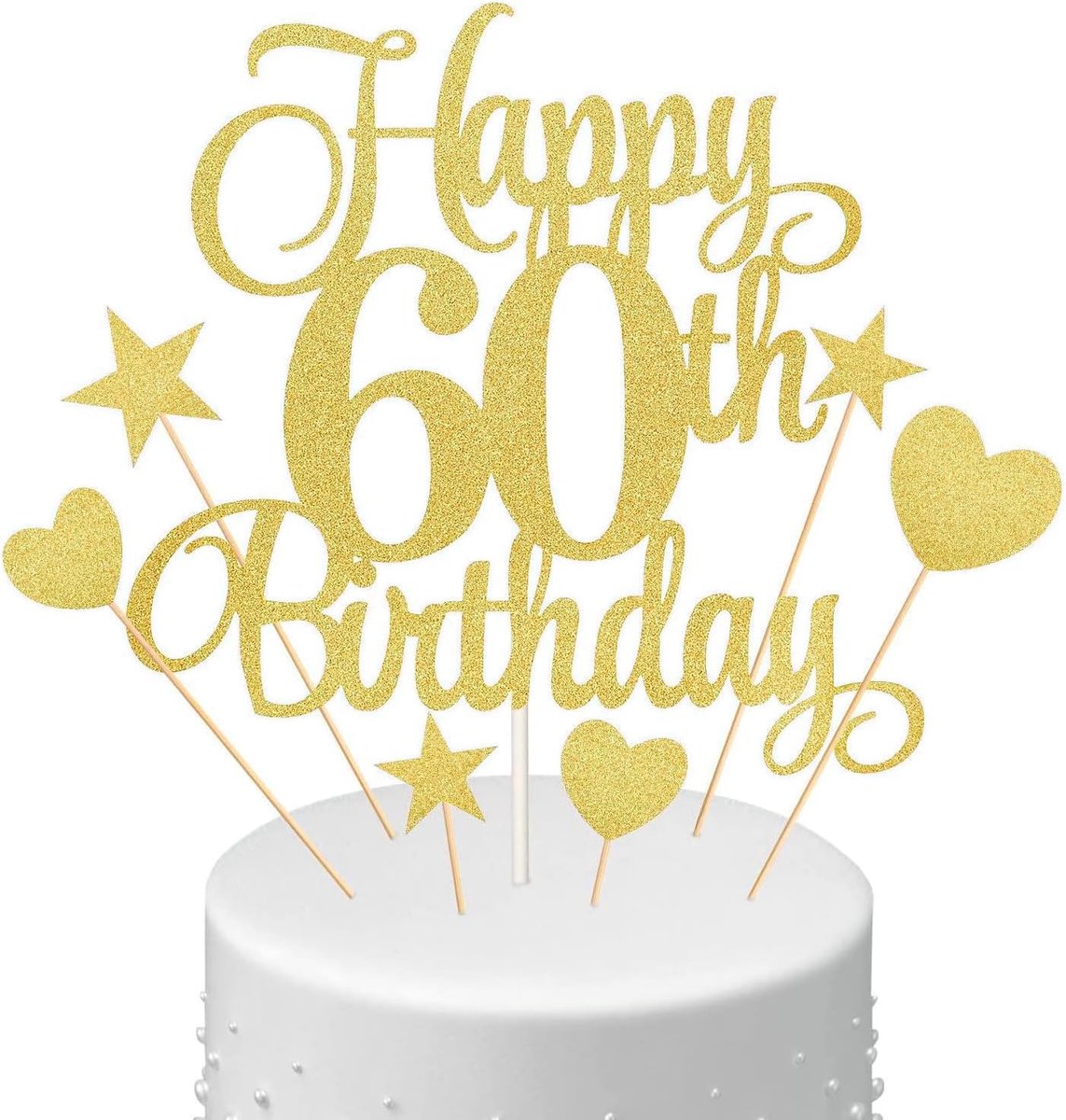 Set van 7 Happy 60e Verjaardag Taartdecoraties met Hart- en Ster Cupcake Picks, Gouden Glitter Toppers