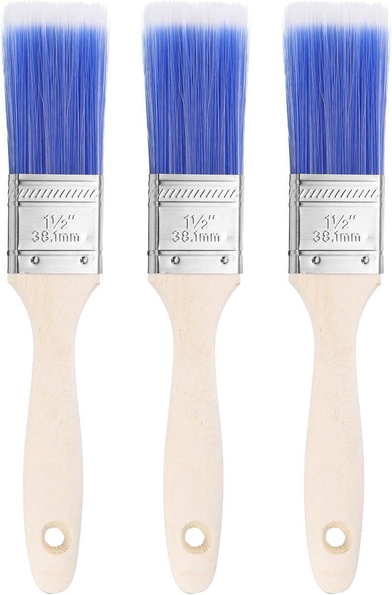 3 stuks schilderkwasten, 3 stuks, 3,8 cm, platte kwast en chipkwast met houten handvat voor doe-het-zelf schilderen, kunst, platte meubels, hekken, bruggen, muur, afwerking, blauw