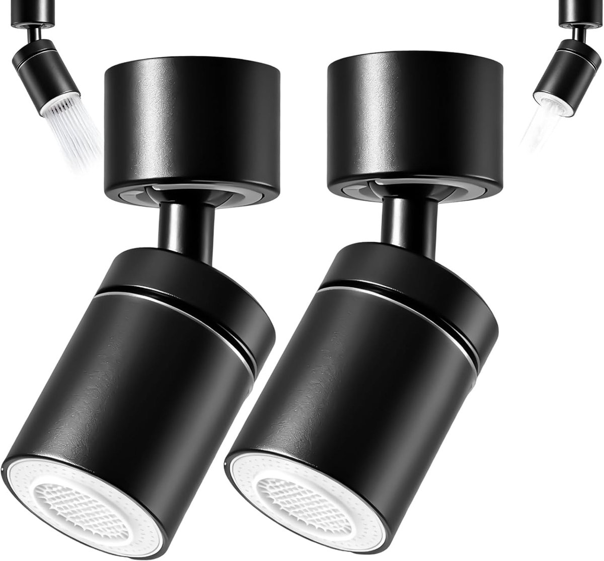 2 Stuks 360° M22 Kraanmousseur met Twee Soorten Straal, voor Keuken- en Badkamerkranen, met Adapter voor Buitendraad M22 en Binnendraad M24, Zwart