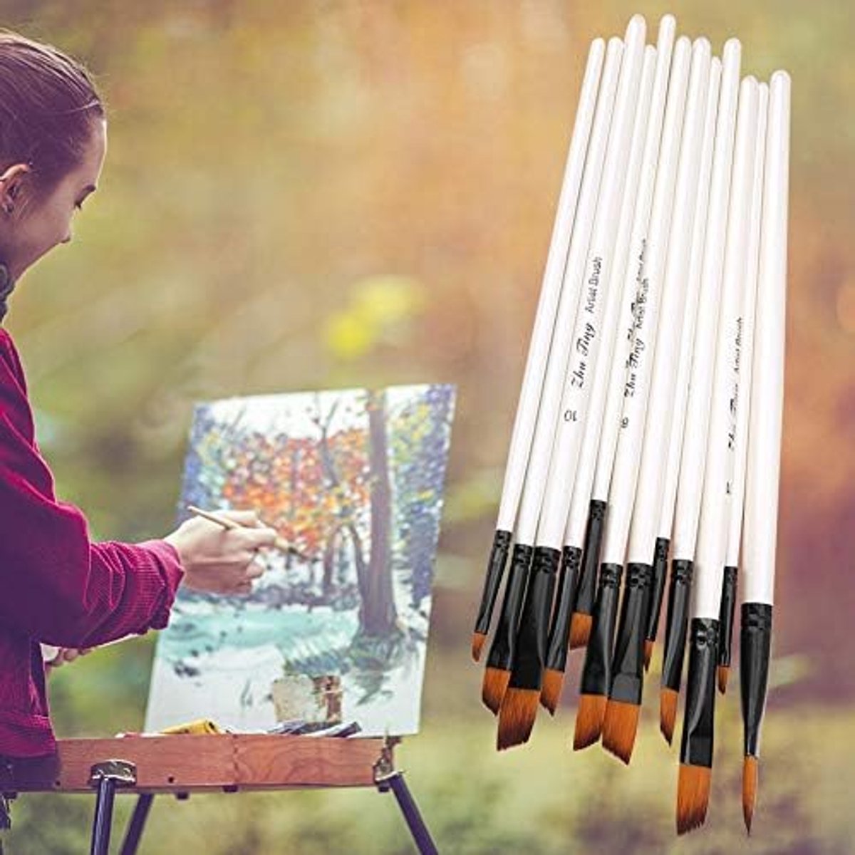 Set van 12 professionele kunstkwasten, detailkwasten met platte schuine punt, nylonhaar voor acryl aquarel olieverf (#2)