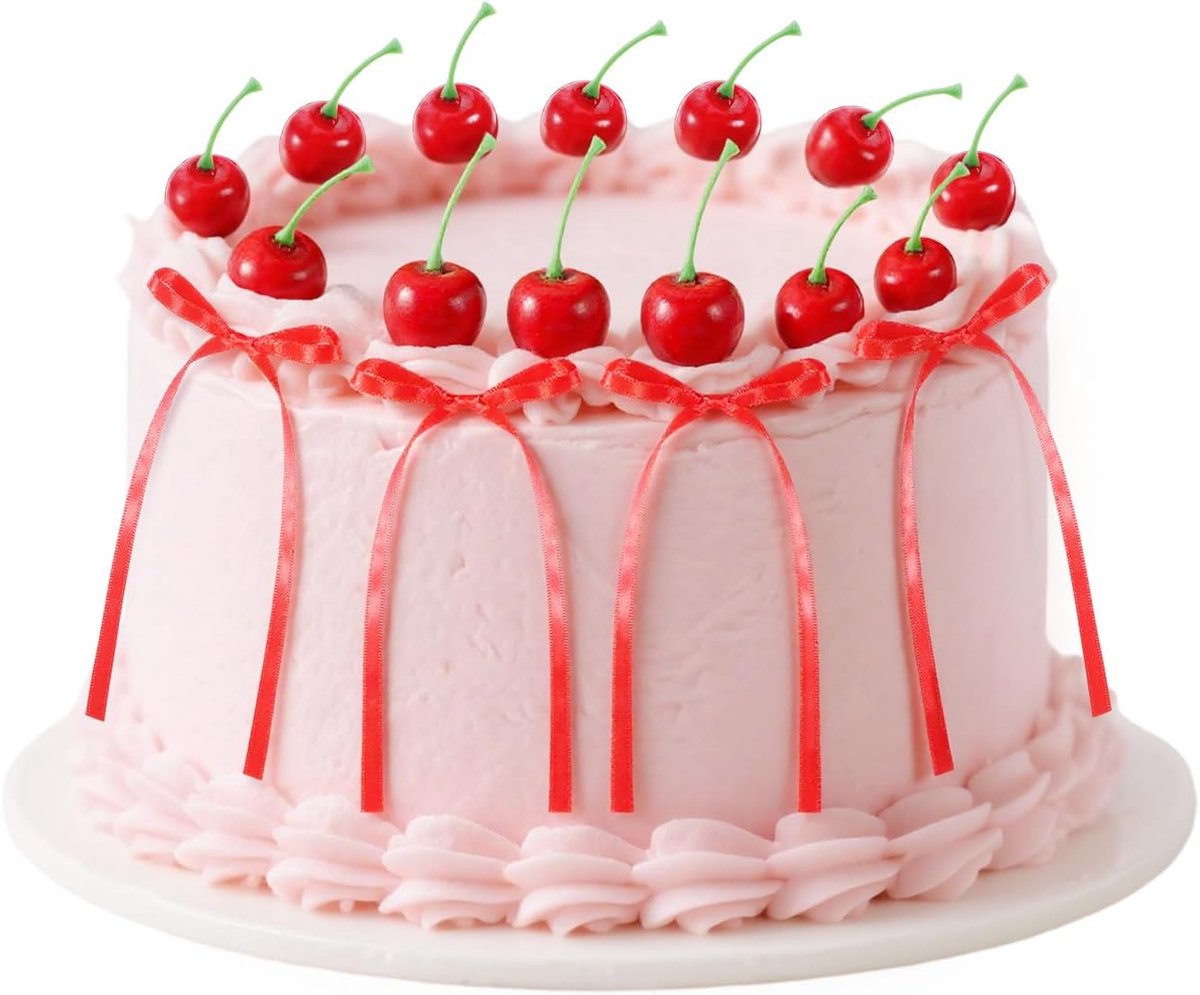 12 stuks taartdecoratie strikken, rood, strik, taartdecoraties met 12 stuks kersentaartdecoraties voor verjaardag, Valentijnsdag, bruiloft