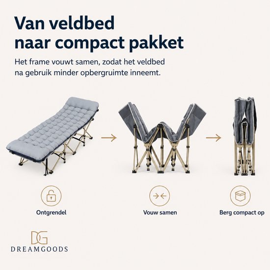 DreamGoods Veldbed met Matras - Opvouwbaar Campingbed - Inklapbaar Logeerbed Volwassenen - 190x80 cm - Duty Stretcher - Verstelbare Rugleuning - Kamperen - Veldbed 2 personen - Veldbed XXL — afbeelding 5