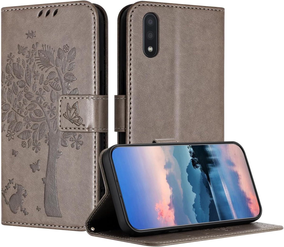 Hoes voor Samsung Galaxy A10 / M10, PU-leren portemonneehoes met reliëf met kaartenvak en magneetsluiting standfunctie hoesje compatibel met Samsung A10 - Grijs