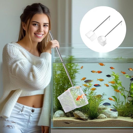 2 stuks schepnet voor aquarium, visnet met roestvrijstalen telescoopstang, uittrekbare handgreep, mini-aquariumschepnet voor het vangen van kleine vissen, garnalen en reinigen (vierkant en rond) — afbeelding 4