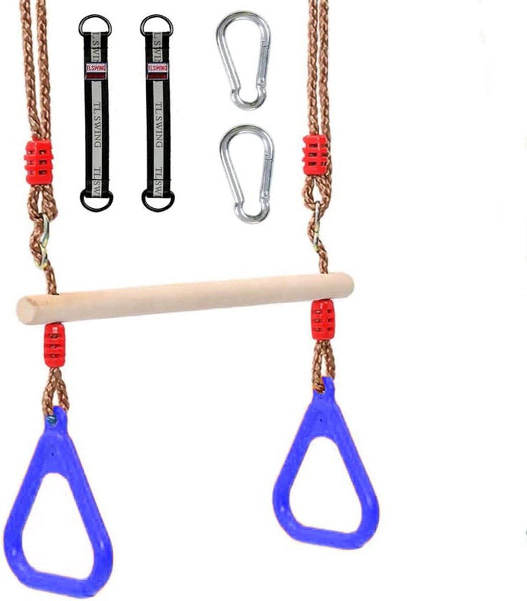 houten trapeziumschommel met kunststof ringen, turnringen om op te hangen, belastbaar tot 120 kg, voor binnen en buiten