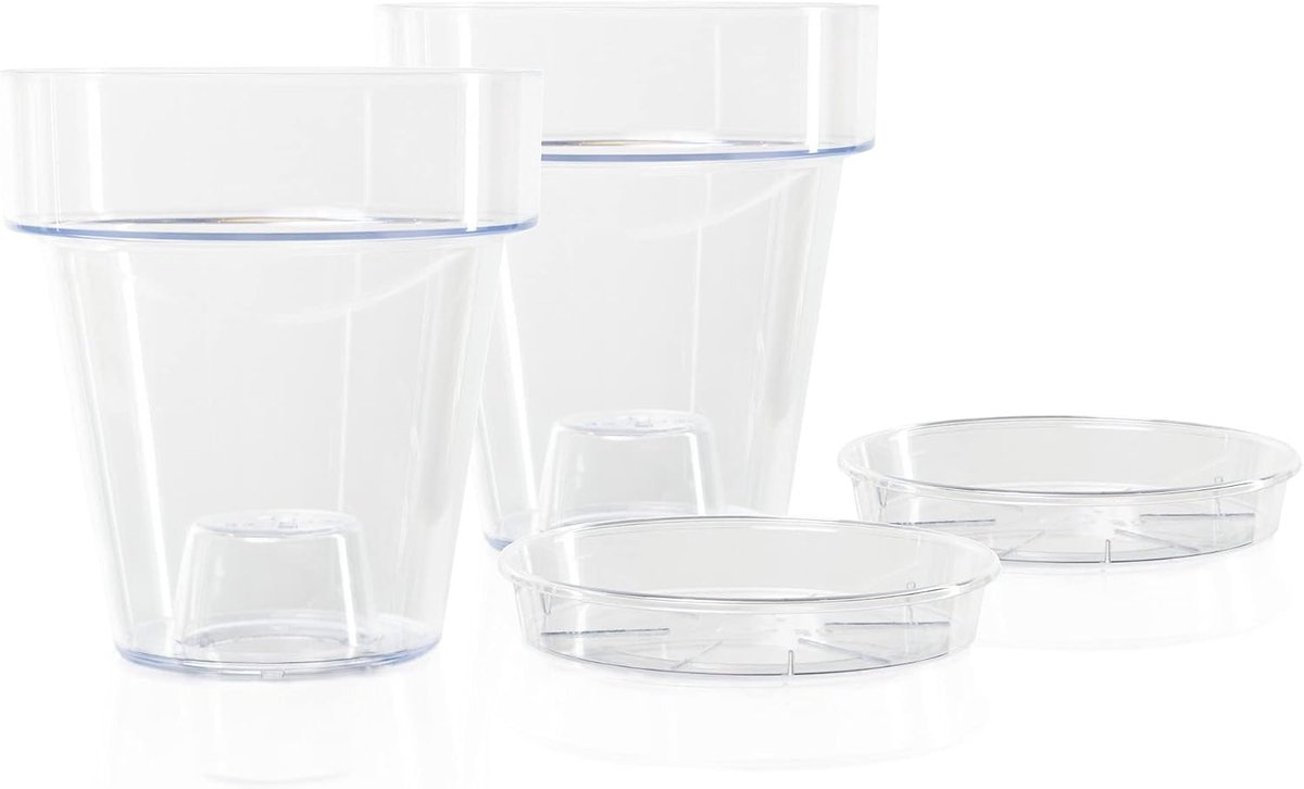 Doorzichtige plastic orchideeënpot met drainagegaten en schotel (2, Ø 14 cm)