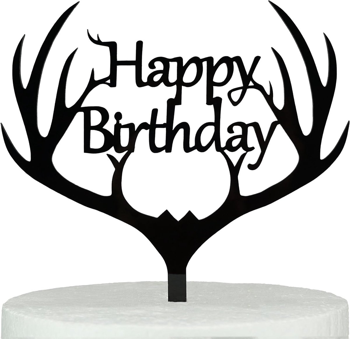 Gift Boxed Gewei Gelukkige Verjaardag Cake Topper Zwart, Frosted Acryl