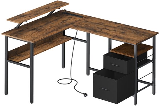 Donkerbruin L-vormig bureau met houtnerfpatroon, zwart metalen frame, monitorverhoging en opbergvakken met laders.