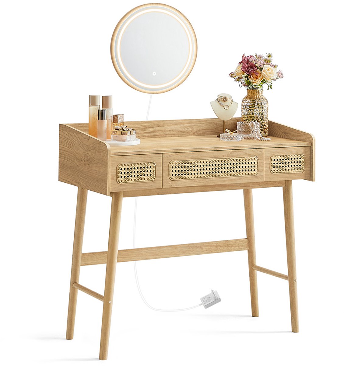 Borrello Kaptafel Met Spiegel en LED-verlichting - Make-up Tafel - Cosmetica Tafel - Eiken Beige - ± 40 x 90 x 80 cm