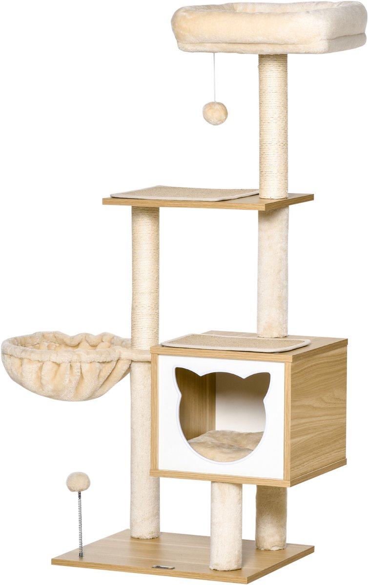 Krabpaal krabpaal multifunctionele hangmat nis mand afneembare kussens hoogte 126 cm korte pluche sisal natuur beige