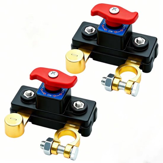 Set van twee zwarte accu hoofdschakelaars met rode hendel, blauw "ON/OFF" label en gouden terminals.