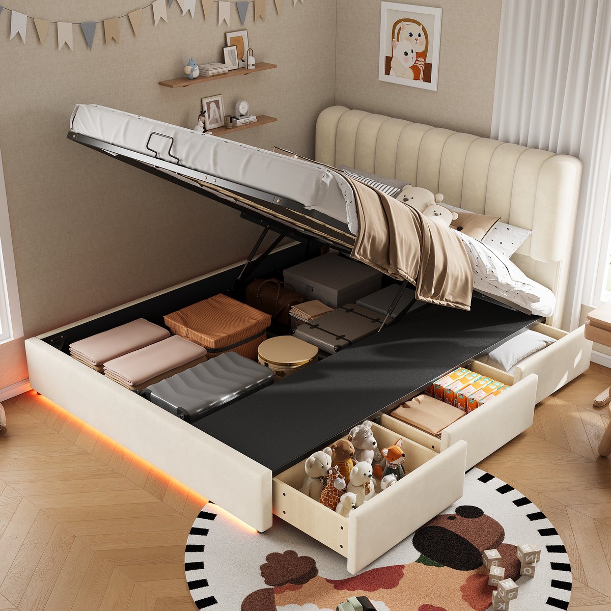 Kinderbed 140 x 200 cm - Hydraulische opbergruimte - LED-verlichting - Met lades - Fluweel - Beige