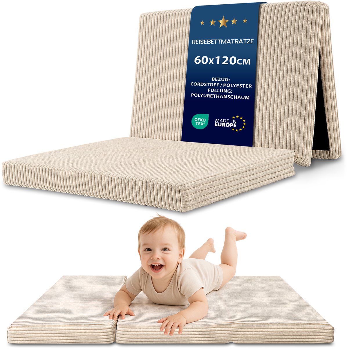 Vouwmatras Kind Opvouwbaar 60x120 cm Logeermatras Vloermatras Kinderkamer Reismatras Draagbaar Compact Afneembare Hoes Wasbaar Oeko-Tex certificaat 60 x 120 Beige