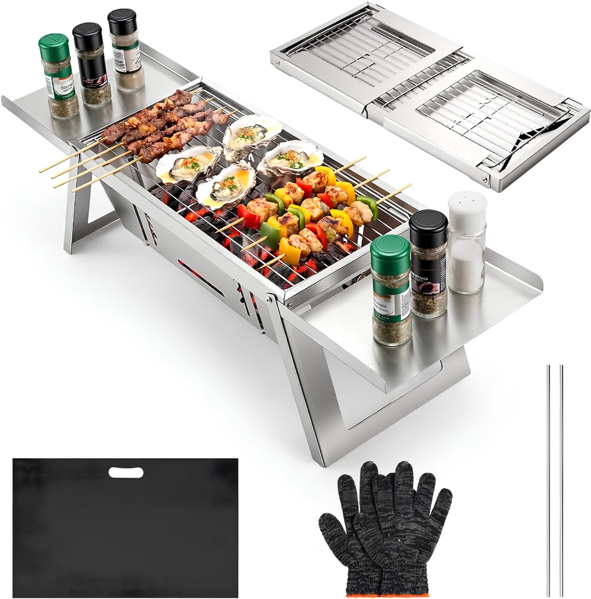 NIVA® BBQ Houtskool - Houtskool Barbecue - Barbecuewagen met Deksel - Zilver - 3cm x 22cm x 43cm