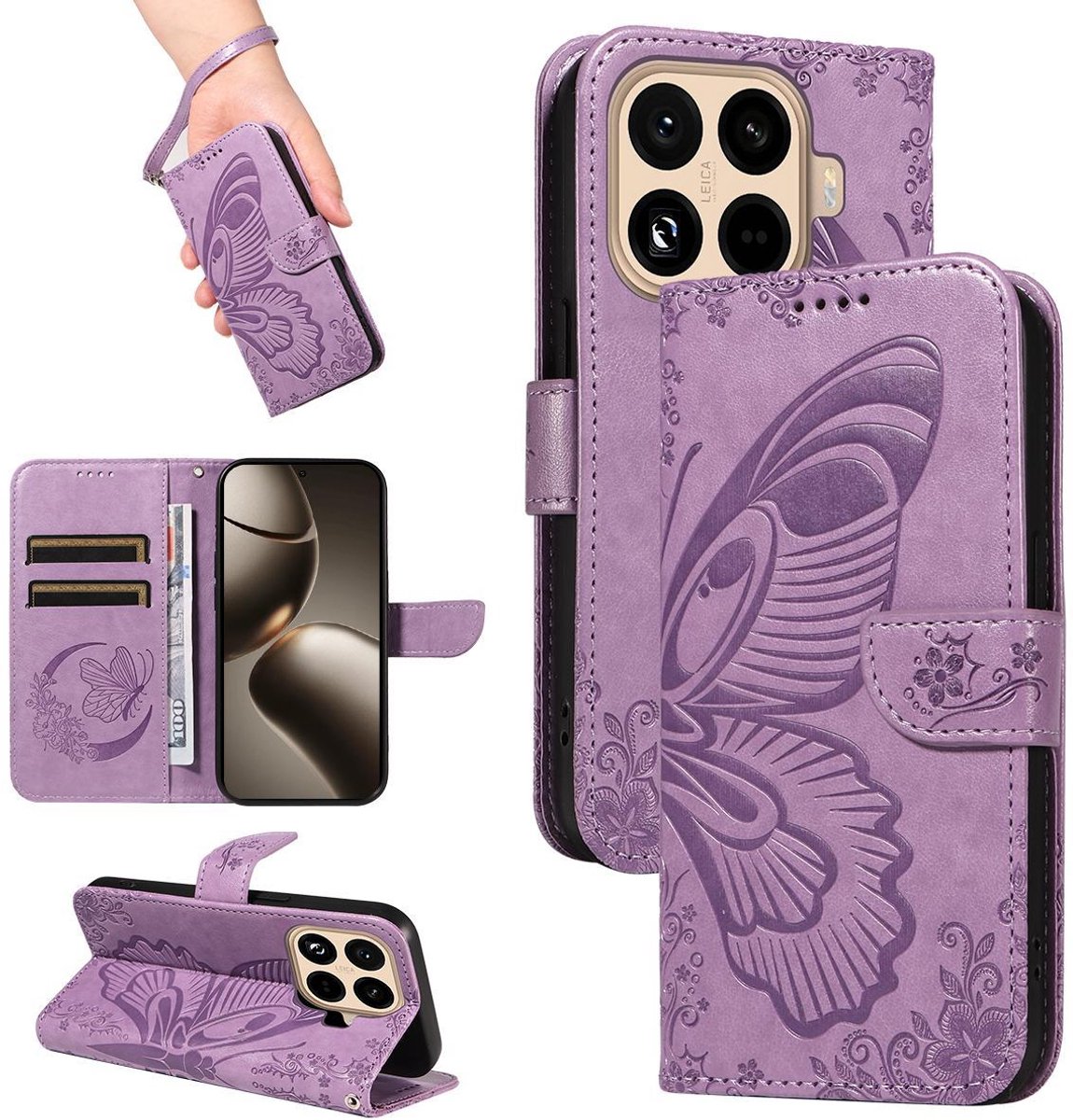 Mobigear Telefoonhoesje geschikt voor Xiaomi 15T Pro Hoesje | Mobigear Butterfly Bookcase Portemonnee | Pasjeshouder voor 2 Pasjes | Telefoonhoesje voor Pinpas / OV Kaart / Rijbewijs - Paars