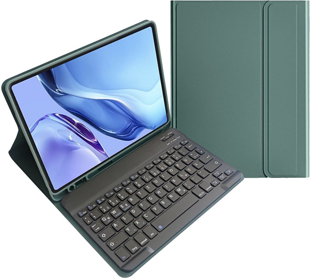 Mobigear Tablethoes geschikt voor Apple iPad Mini 7 (2024) Hoes | Mobigear Keys QWERTZ Bluetooth Toetsenbord Bookcase + Stylus Houder - Groen
