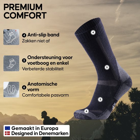 Zwarte merinosok met grijze details. Beschrijft anti-slip band, ondersteuning voetboog en enkel, en anatomische vorm.