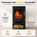 Veiligheidsfuncties van de zwarte elektrische sfeerhaard: oververhittings- en omvalbeveiliging.