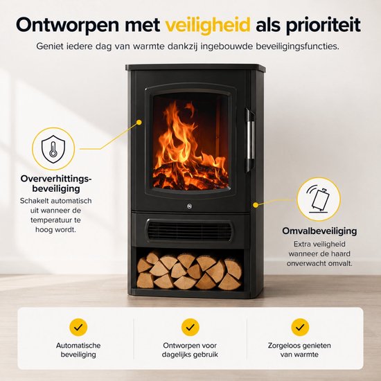 Veiligheidsfuncties van de zwarte elektrische sfeerhaard: oververhittings- en omvalbeveiliging.