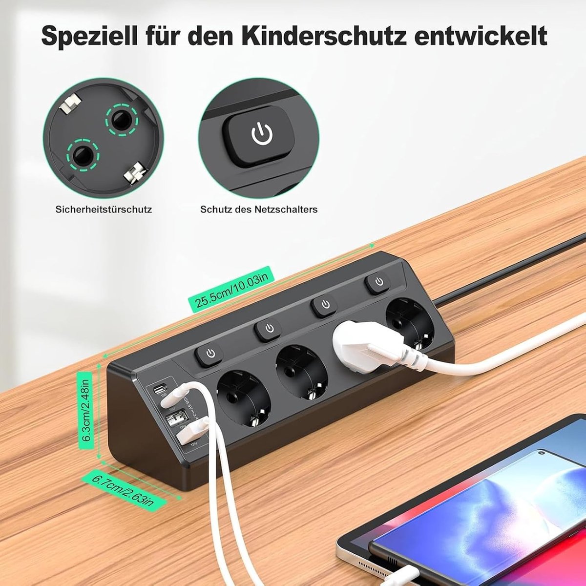 Hoekstopcontact met USB - Zwart - Met 2 m Verlengkabel - 4 Voudige Stekkerdoos met Schakelaars - Voor Bureau en Hoeken
