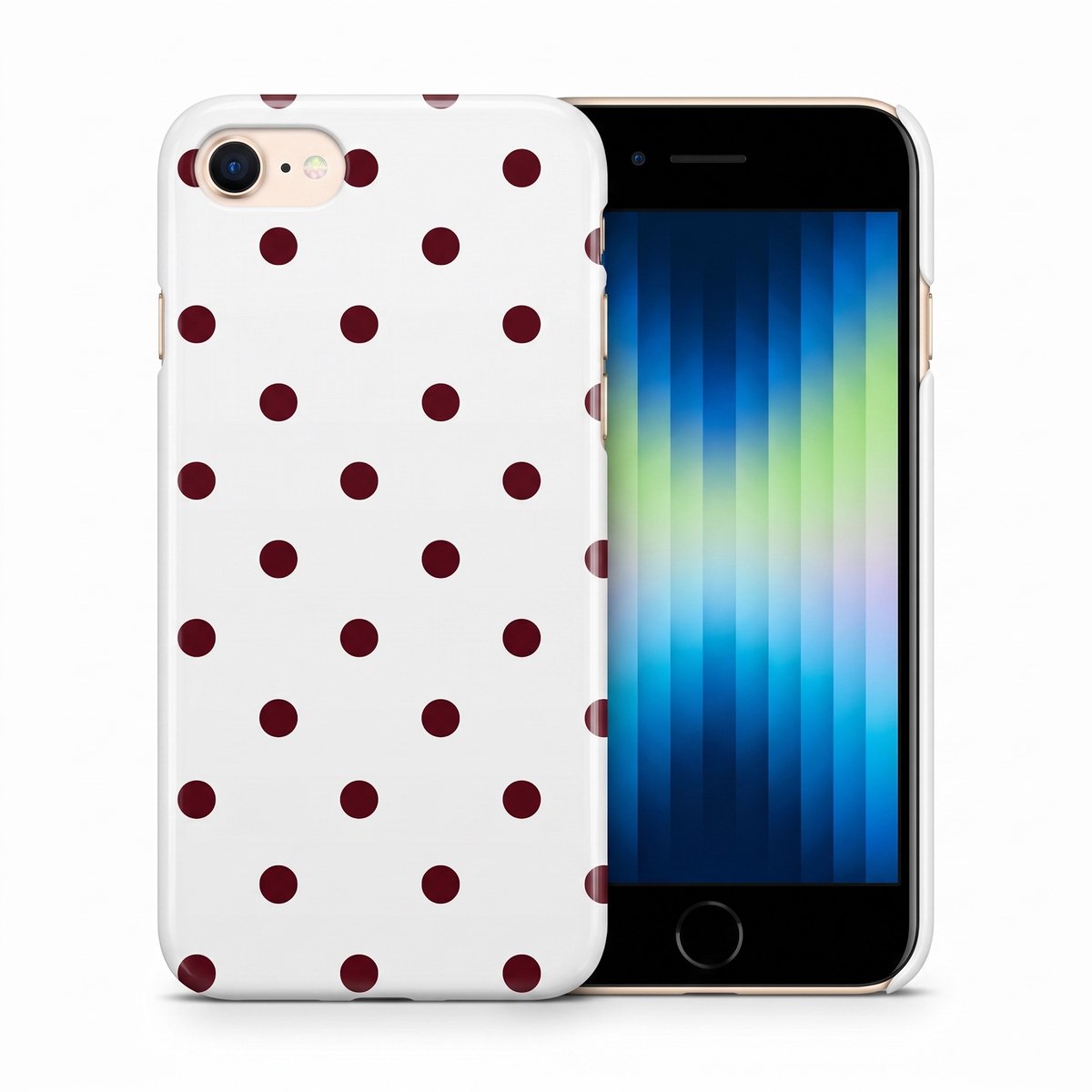 Hoesje geschikt voor iPhone SE 2022 / SE 2020 / 8 / 7 – Polka Dots – Exclusief Design – Polycarbonaat – Wit en Bordeaux