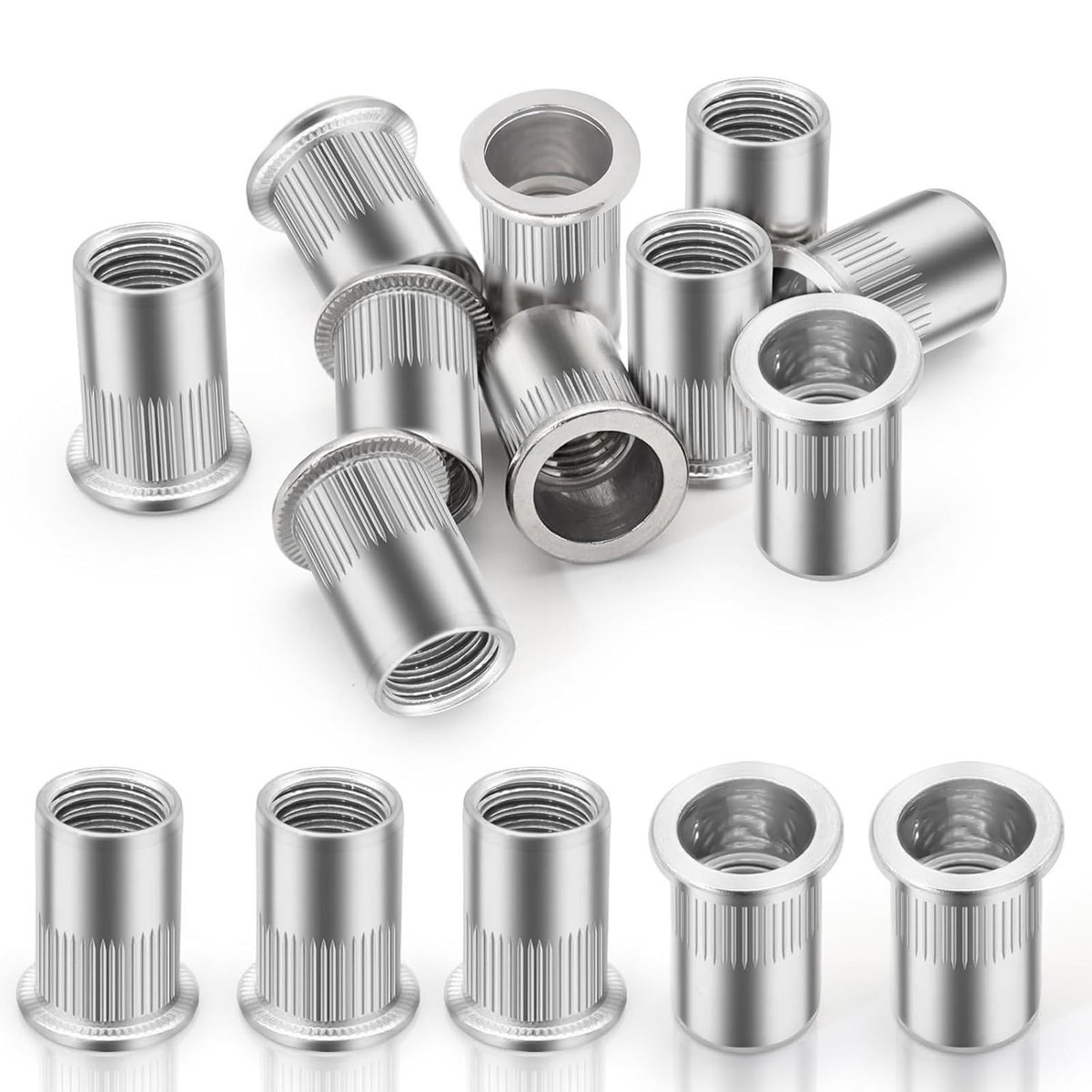 50 stuks platte kop, klinkmoeren, M6, intrekmoeren, hulsmoeren, A2, V2A schroefdraadklinknagels, aluminiumlegering, blindklinkmoeren, set groefmoeren voor metalen platen, buizen enz. (M6)