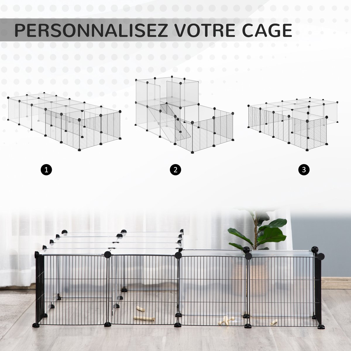 Kleindierenverblijf, DIY een modulaire kooi ontwerpen, 27 platen (35x35cm/plaat) | 27 platen 35 x 35 cm, van PP-platen en Materiaal van het staaldraadgaas, individuele opbouw, hok voor kleine dieren, uitloop voor konijnen, cavia's, Zwart thumbnail 3