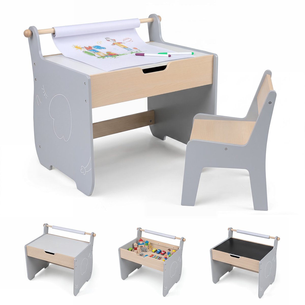 COSTWAY Kindertafel met stoel, 3-in-1 kinderzitgroep van hout met omkeerbaar en afneembaar tafelblad, schildertafel voor kinderen met opbergruimte en papierrolhouder, zitgroep voor kinderen vanaf 3