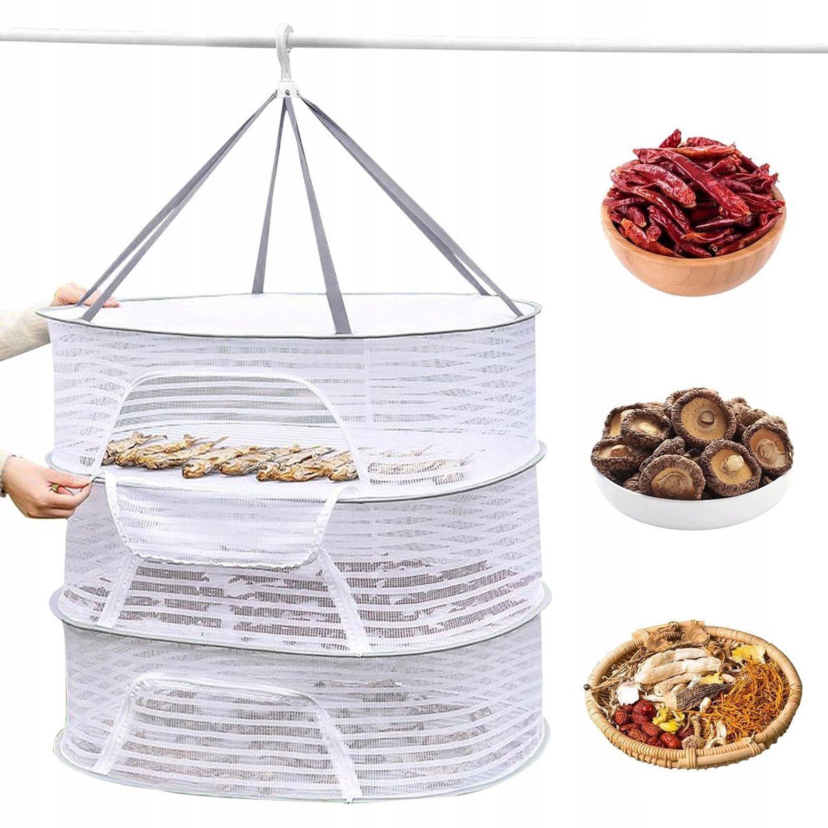 Multifunctioneel Droognet - Hangend Kruiden Droogrek - 3 Lagen - 70x50 cm - Ophangbaar - met Rits - Ruimtebesparend - Voor Kruiden Bloemen en Kleding - Balkon
