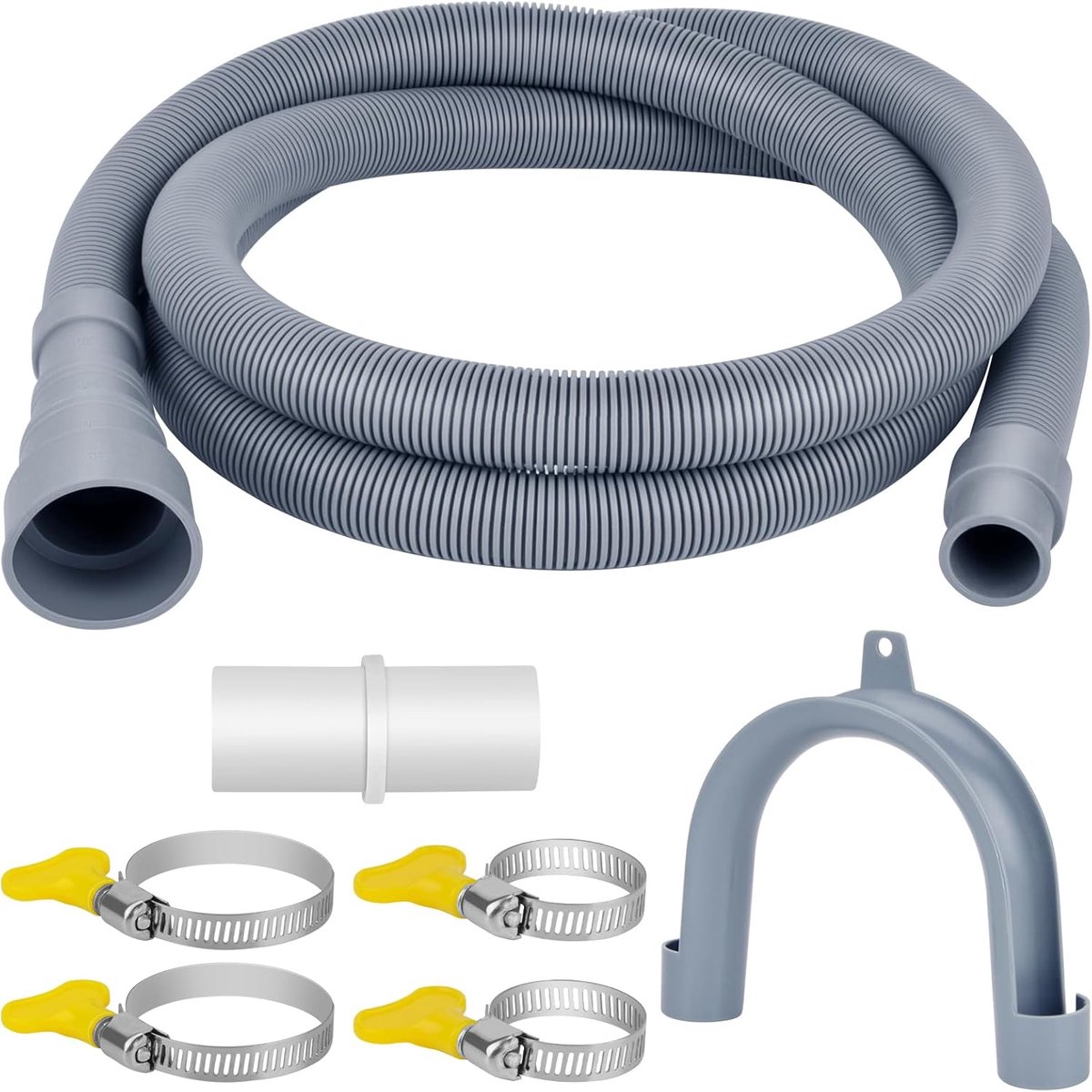 KZQ Universele Afvoerslang Adapterset - Afvoerslang voor Wasmachine - 5 meter - Afvoerslang Adapter voor Huishoudelijke Apparaten - Inclusief connectoren, klemmen, clips en verlengslang - Grijs