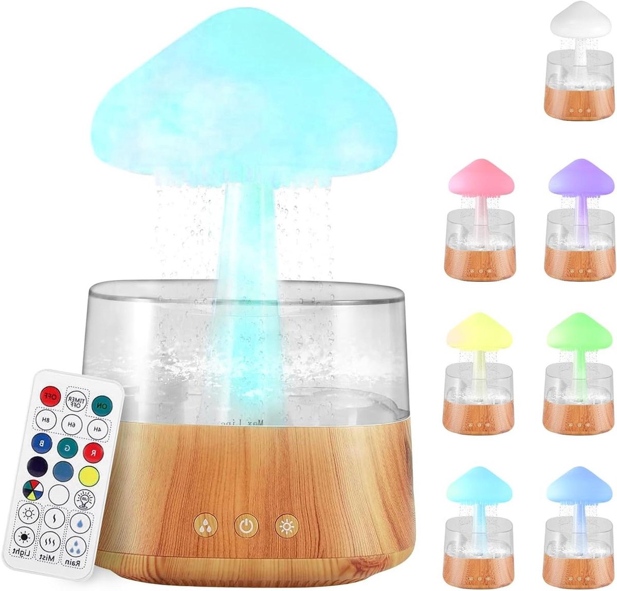 Luchtbevochtiger Regenwolk - Aroma Diffuser - Ontspanning en Slaap - Waterdruppel Geluid - 300 ml - Houtkleur