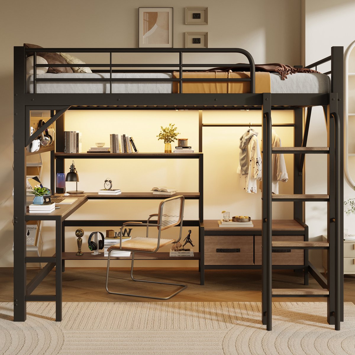 VVBV-Hoogslaper 140x200 cm met Bureau en LED-verlichting - Metalen Frame, Kledingstang, Opbergvakken en USB-poort - Zwart