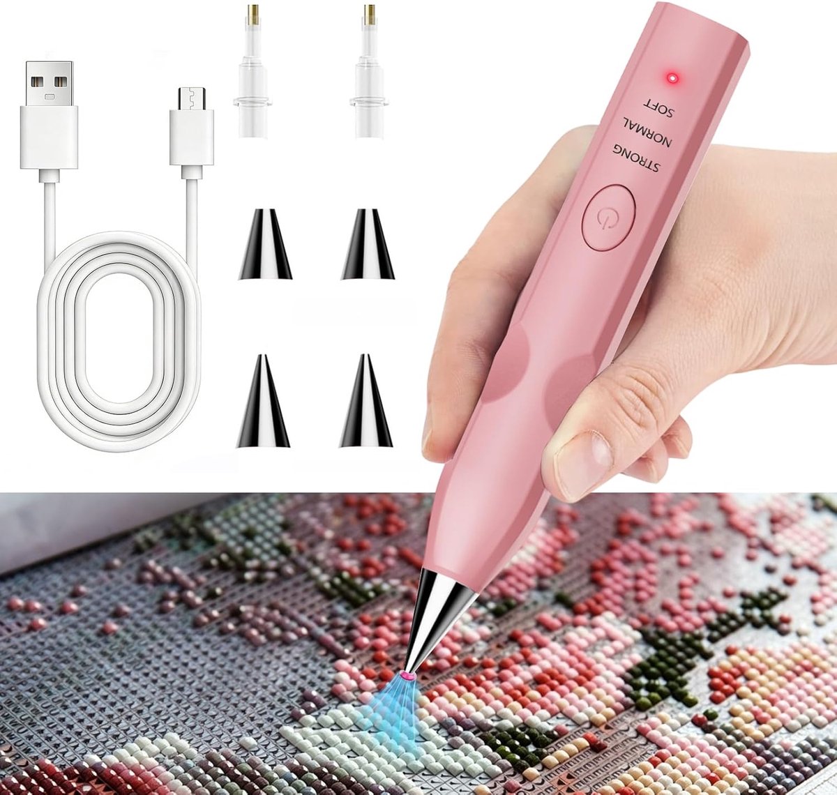 Diamond Painting penset, draadloos en oplaadbaar, automatische wasstift, stil, ergonomisch, enkele & 3-delige punt, diamond painting accessoires voor volwassenen, beginners, doe-het-zelf