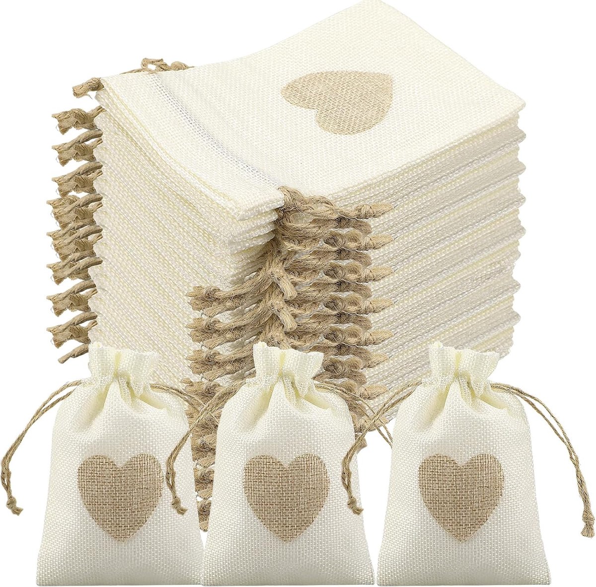 24 stuks jute zakjes, 15 x 10 cm, geschenkzakjes, hart, stoffen zakjes, kleine stoffen zakjes met trekkoord, zakjes om te vullen, trekzakjes voor kinderverjaardag, bruiloft, adventskalender