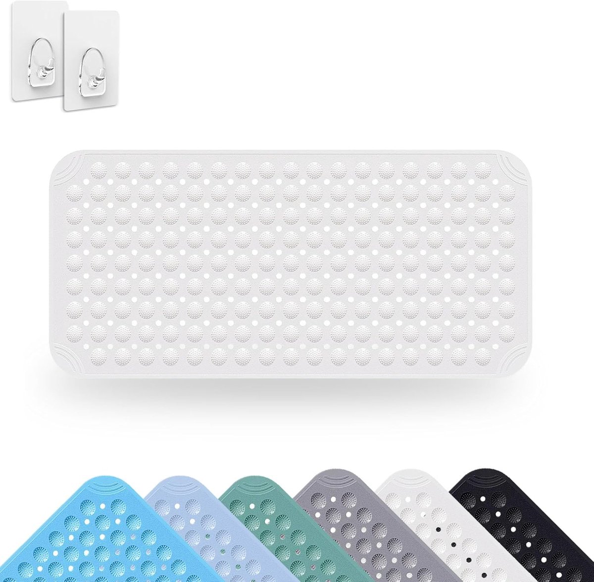 Douchemat Antislip 40 x 80 cm Antislip Mat Met Zuignap PVC-Mat Machinewasbaar Antislip Massagemat Voor Douche Incl. 2 Haken Wit