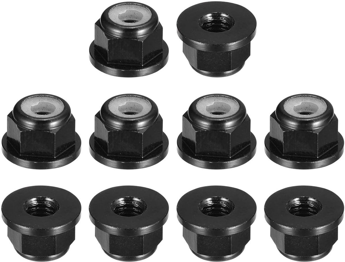 10 stuks nylon inzetstukken, zeskantige blokkeermoeren, M2 x 0,4 mm aluminiumlegering, zelfborgende moer, geanodiseerde flensmoer, borgmoer voor bevestigingsmiddelen (zwart)