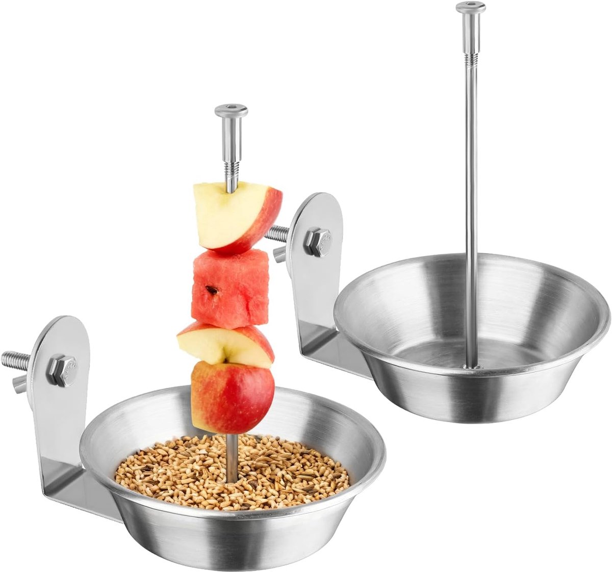 2 Pack Vogelkooivoeder met spies voor groenten en fruit, papegaai behandelt voedselhouder met kom schotel, geen rommel parkiet parkiet valkparkiet foerageren speelgoed kooi accessoires
