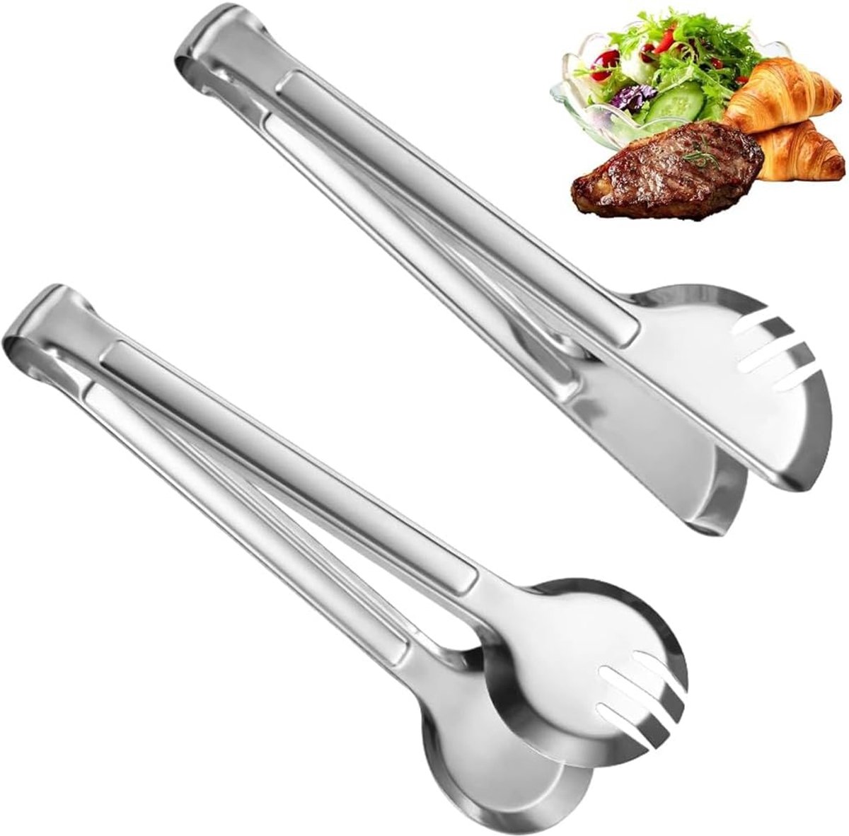 2 stuks spaghettitangen, 9 inch ronde en halfronde slatang van roestvrij staal, zilver, 24 cm lang, 5 cm breed, voor salade, pasta, grillen en keuken