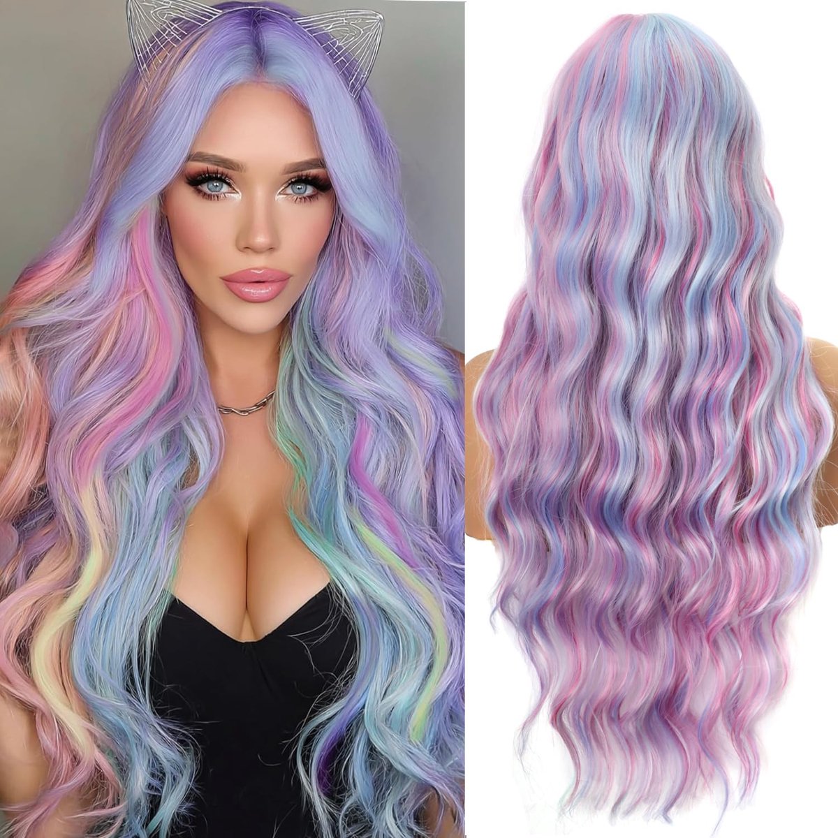 Regenboog pruik lang golvend krullend synthetische eenhoorn cosplay pruik, kleurrijke ombre pastel haarvervanging voor vrouwen meisjes dagelijks feestkostuum, 61 cm (regenboog)