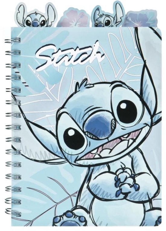 Notitieboek met Stitch en tropische bladerenprint. Liniërende bladzijden en Stitch-oren als paginamarkeringen.