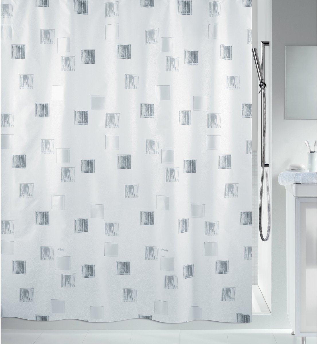 Spirella Douchegordijn Milano – Anti-Schimmel Douchegordijn van Polyester – Decoratief Vierkantpatroon – Geschikt voor Elke Badkamer