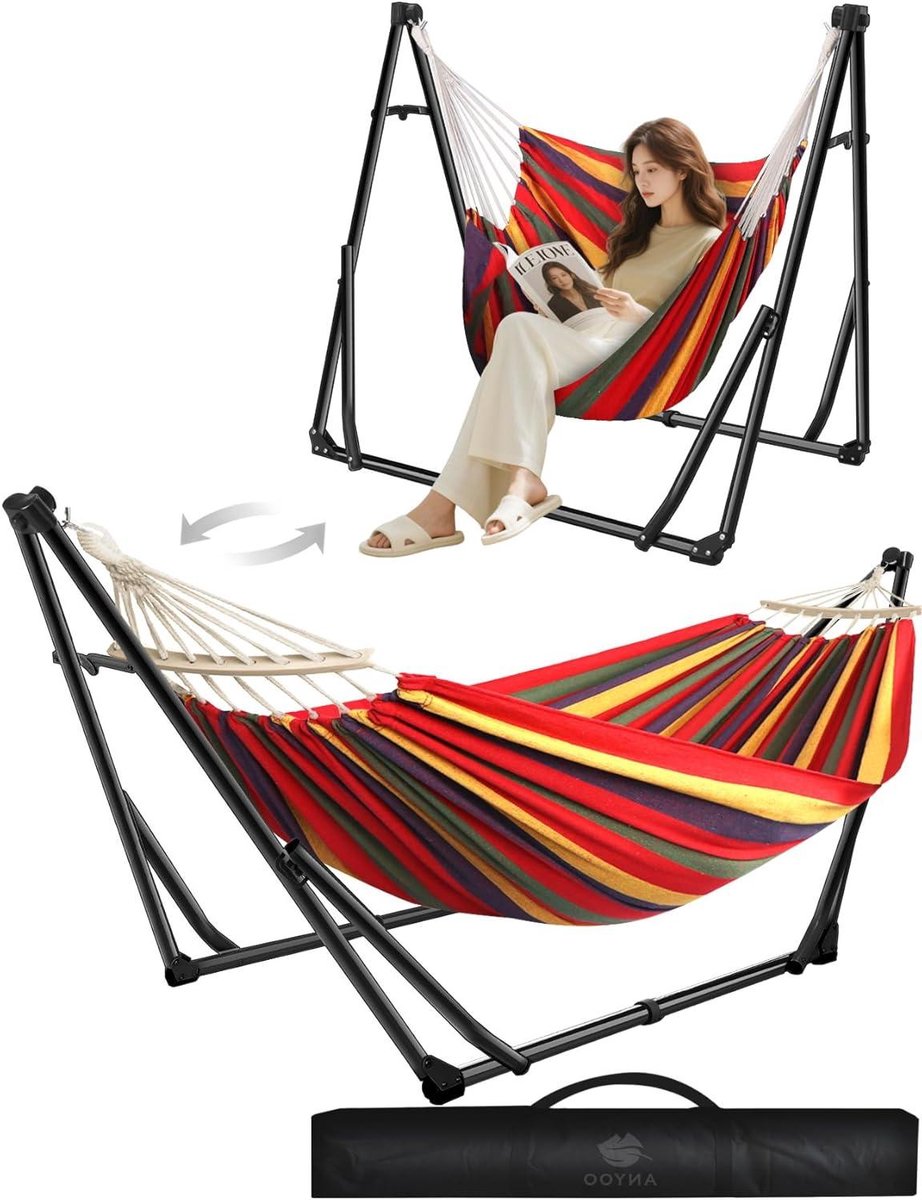 Hangmat met Standaard - Stoel Hangmat Set - Ontspannen Buiten - Dubbel Gebruik - 200 kg Draagkracht - Zwart en Rood