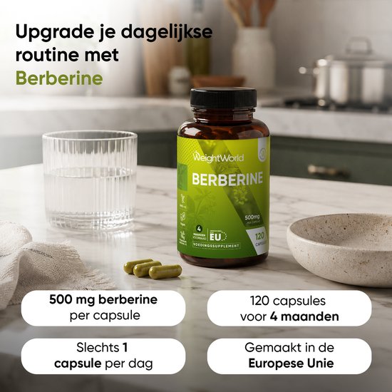 Een fles WeightWorld Berberine 500mg, 120 capsules, met een glas water en drie capsules ernaast. Tekst: Upgrade je dagelijkse routine met Berberine.