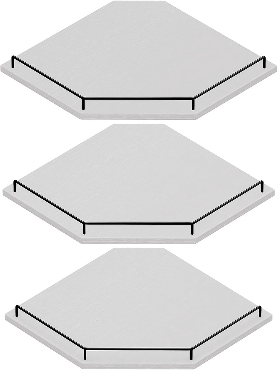 hoekplank voor wandmontage, 30 cm, 3-laags, zwevend hoekplank, zeshoekig, rustiek houtdecor met hek, witte wandplanken voor woonkamer, slaapkamer, keuken, badkamer