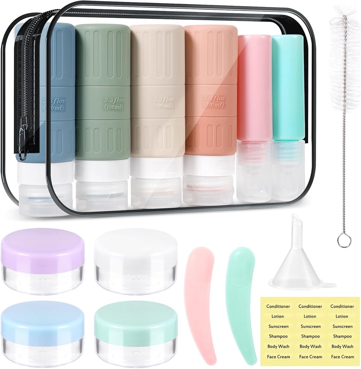16 stuks siliconen reisflessen, 100 ml, BPA-vrij, lekvrij, navulbaar, leeg reisformaat, reisflessen met etiket en reinigingsborstel, voor shampoo, crème, spoeling, lichaamsverzorging